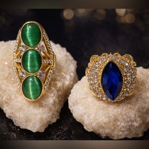 Gold Tone Statement Rings-Green Cat’s Eye & Blue Rhinestone-Adjustable-New